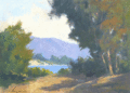 Carpinteria Bluff painting by Ann Sanders includes green and gold trees with glimpse of blue waters and muted purple mountains in background. (Courtesy photo)